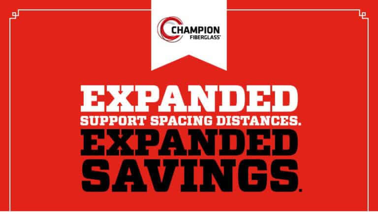 Champion fiberglass UL conduit expanded spacing savings infographic.