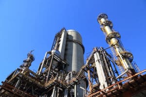 Industrial chemical plant structure against blue sky