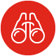 White outline binoculars icon on red background