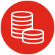 White stacked coins icon on red circle save