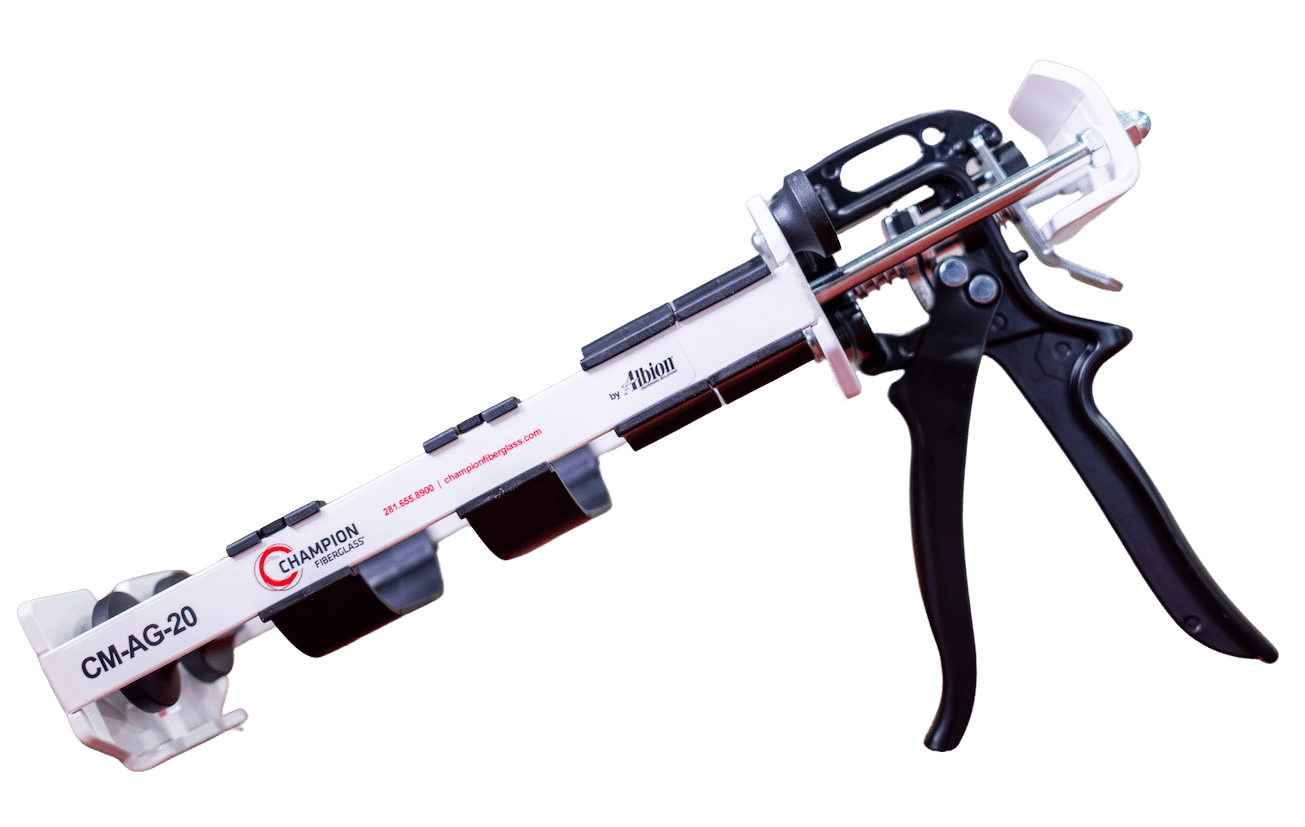 Heavy-duty adhesive dispensing gun for fiberglass conduit.